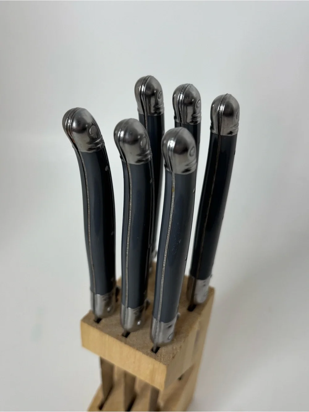 Laguiole Jean Dubost SS 6-Pc STEAK Gray KNIFE SET / Wooden Block France Used but
